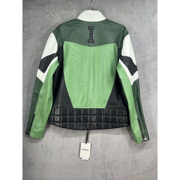 ICEBERG Leather Biker Jacket Size EU 44 Full Zip Men’s Jacket Green Black - Picture 9 of 16
